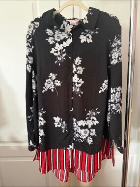 Women's Black & White Floral Button-Up Shirt Jacket Pennington’s Size 1X NWT